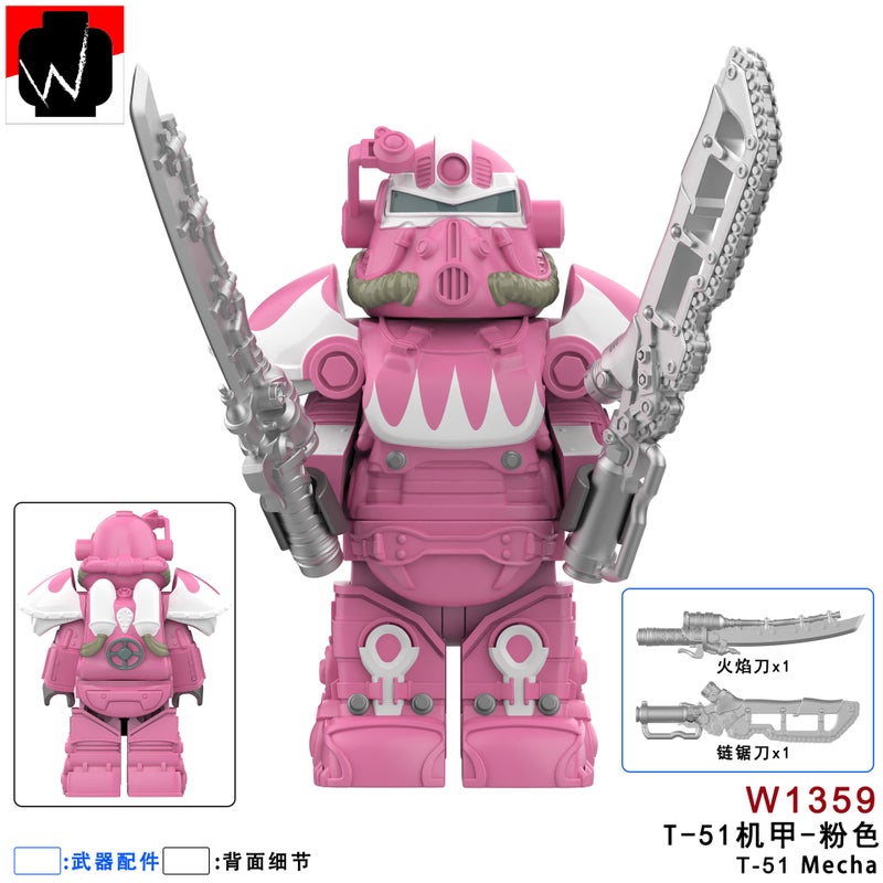 T-51 Mecha Radiation Armor Series Minifigure W1352-1359 Flame Pink Assembled Building Block Toy Bag - Image 4